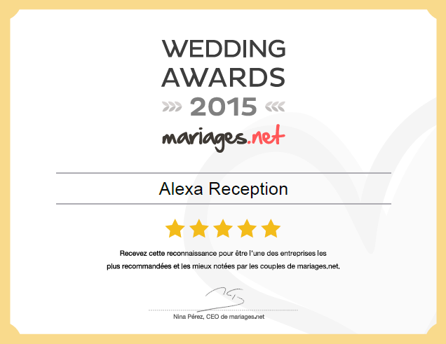 Diplôme Wedding Awards 2015 Alexa Réception